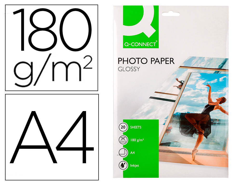 PAPIER PHOTO Q-CONNECT JET D'ENCRE GLAC BRILLANT A4 18     0G/M2 COMPATIBLE TOUTE IMPRIMANTE PAQUET 20 FEUILLES