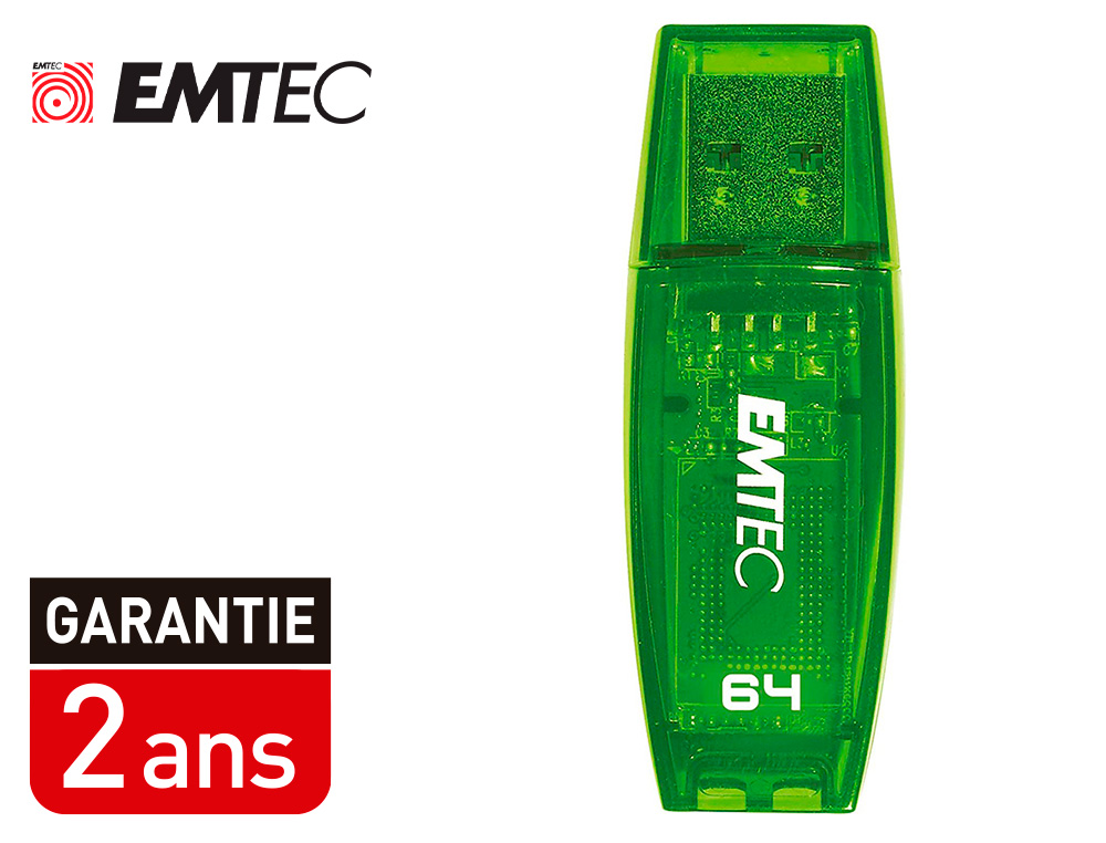 CLE USB EMTEC 2.0 SERIE RUNNERS C410 COLOR MIX 64GB   CAPUCHON COLORIS VERT         TRANSPARENT