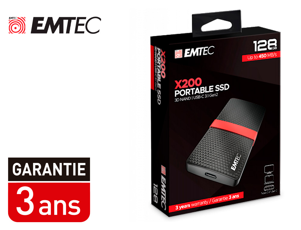 DISQUE DUR SSD PORTABLE EMTEC X200 POWER PLUS USB-C 3.1 GEN1 TRANSFERT HAUTE VITESSE GRANDE CAPACITE DE STOCKAGE 128GB