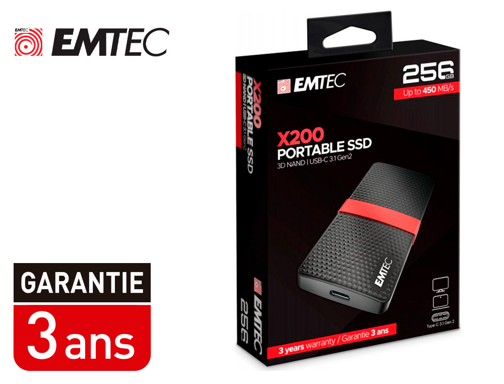 DISQUE DUR SSD PORTABLE EMTEC X200 POWER PLUS USB-C 3.1 GEN1 TRANSFERT HAUTE VITESSE GRANDE CAPACITE DE STOCKAGE 256GB