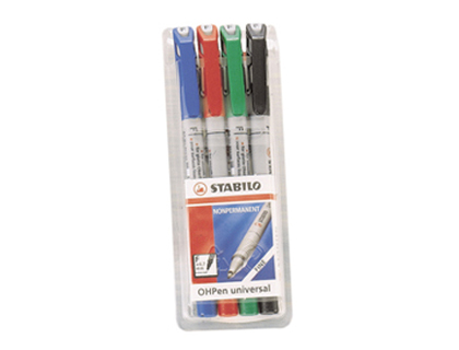 STYLO-FEUTRE STABILO OHP PEN SOLUBLE POINTE FINE 0.7MM COULEURS ASSORTIES POCHETTE 4 UNITS