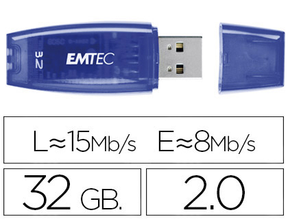 CL USB EMTEC 2.0 C410 32GO VITESSE LECTURE 15MB/S CRITURE 5MB/S AVEC CAPUCHON COLORIS TRANSPARENT BLEU